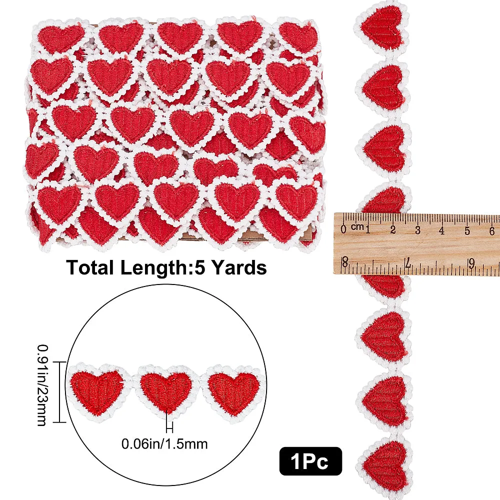 1 Bag 5 Yards 23mm Red Heart Lace Trim Heart-Shaped Embroidered Woven Ribbon White Edging Trimmings Applique for DIY Sewing Crafts Clothing Curtain Skirt Hat Bags Photo Frame Embellishments