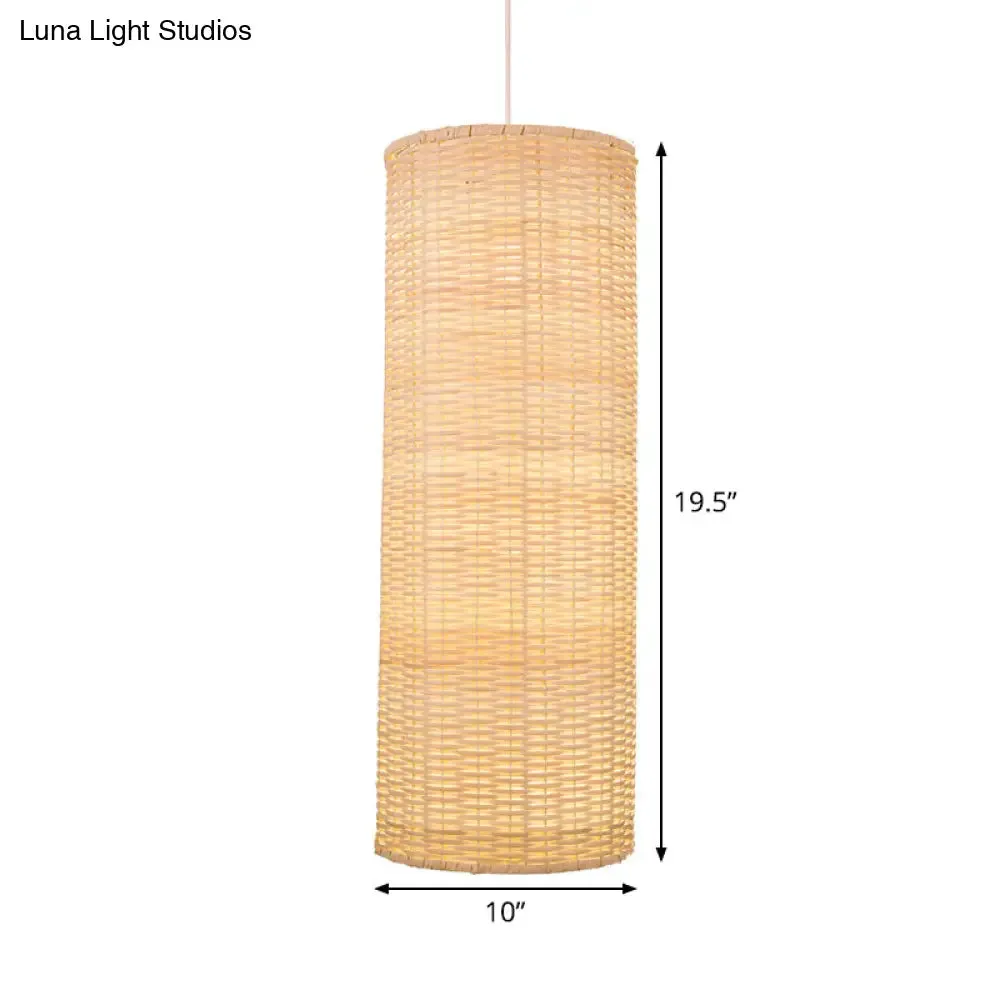 1-Head Bamboo Rattan Hanging Pendant Light - Minimalist Column Design in Beige for Living Room Ceiling
