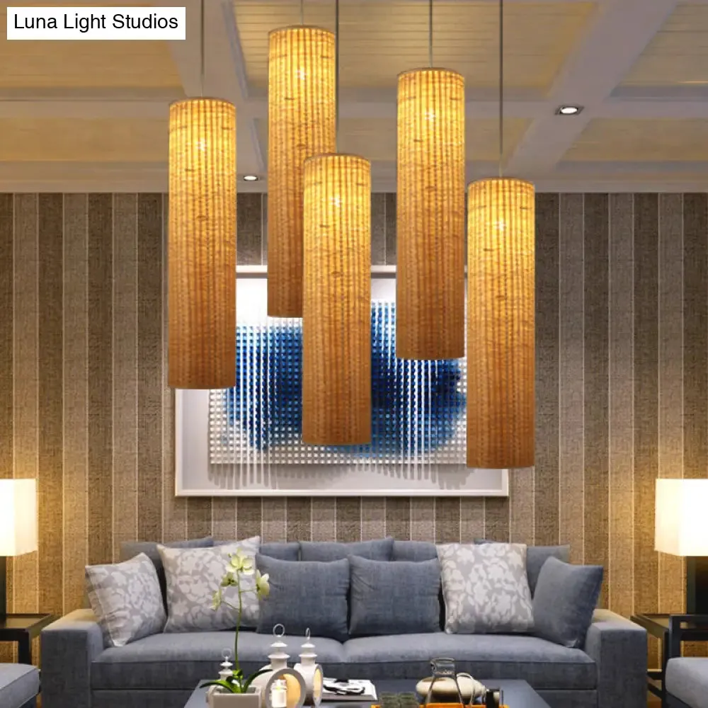 1-Head Bamboo Rattan Hanging Pendant Light - Minimalist Column Design in Beige for Living Room Ceiling