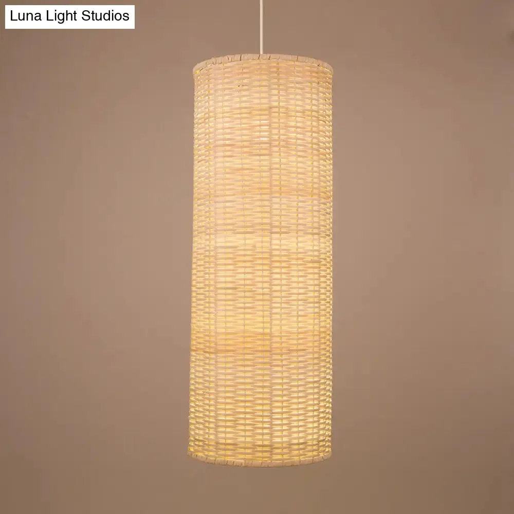 1-Head Bamboo Rattan Hanging Pendant Light - Minimalist Column Design in Beige for Living Room Ceiling
