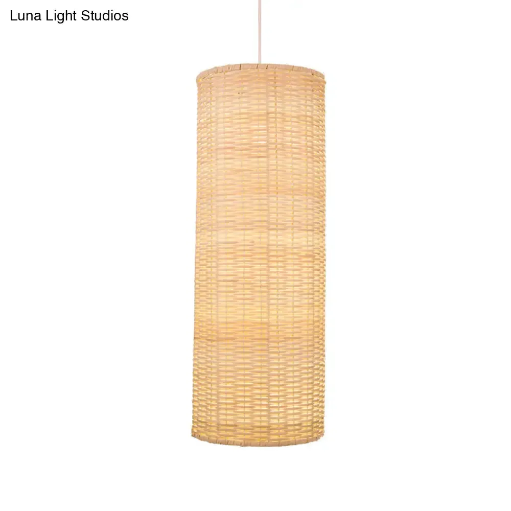 1-Head Bamboo Rattan Hanging Pendant Light - Minimalist Column Design in Beige for Living Room Ceiling