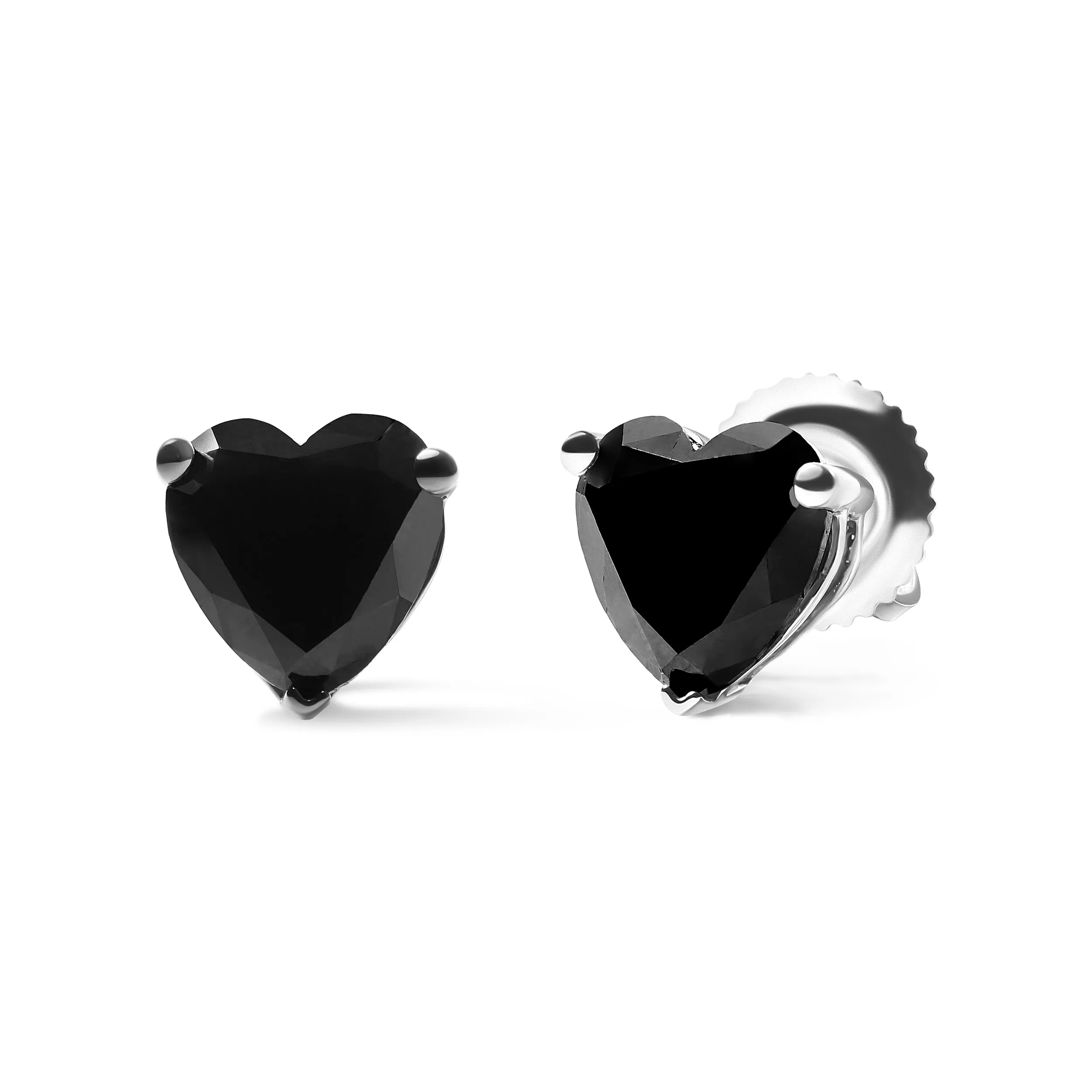 14K White Gold Black Heart Shaped Diamond Solitaire Stud Earrings