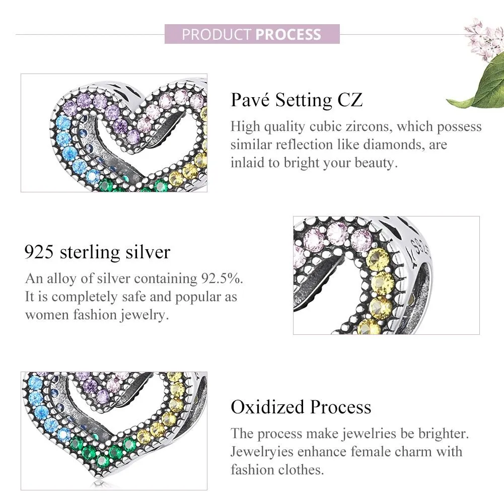 925 Sterling Silver Rainbow Heart Beads For Diy Bracelets & Necklaces