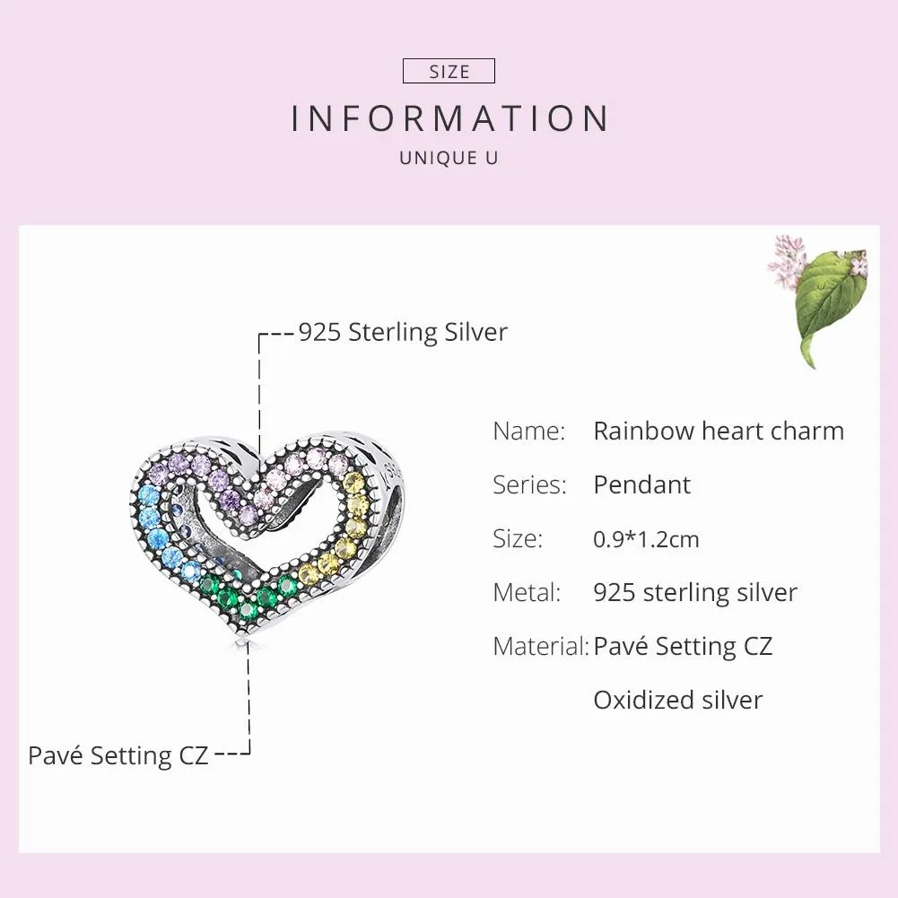 925 Sterling Silver Rainbow Heart Beads For Diy Bracelets & Necklaces