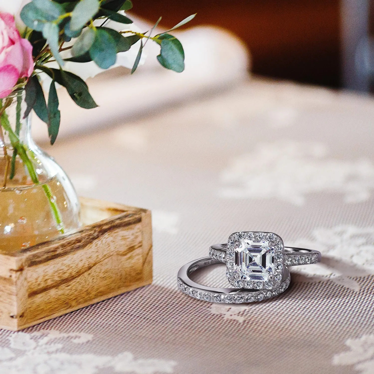 Art Deco Cocktail Statement Ring 2CT Asscher Cut CZ Halo Sterling Silver Band Set