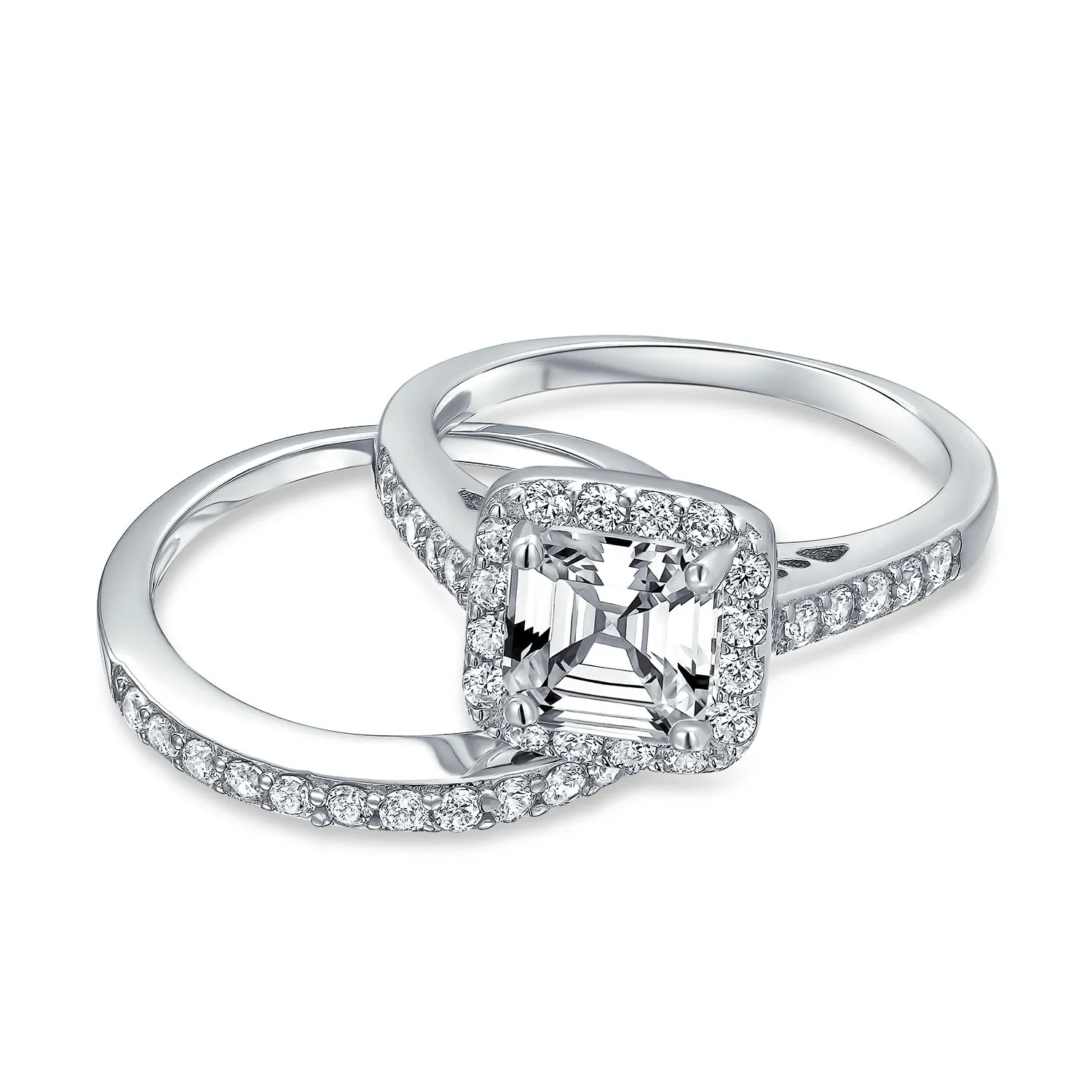 Art Deco Cocktail Statement Ring 2CT Asscher Cut CZ Halo Sterling Silver Band Set