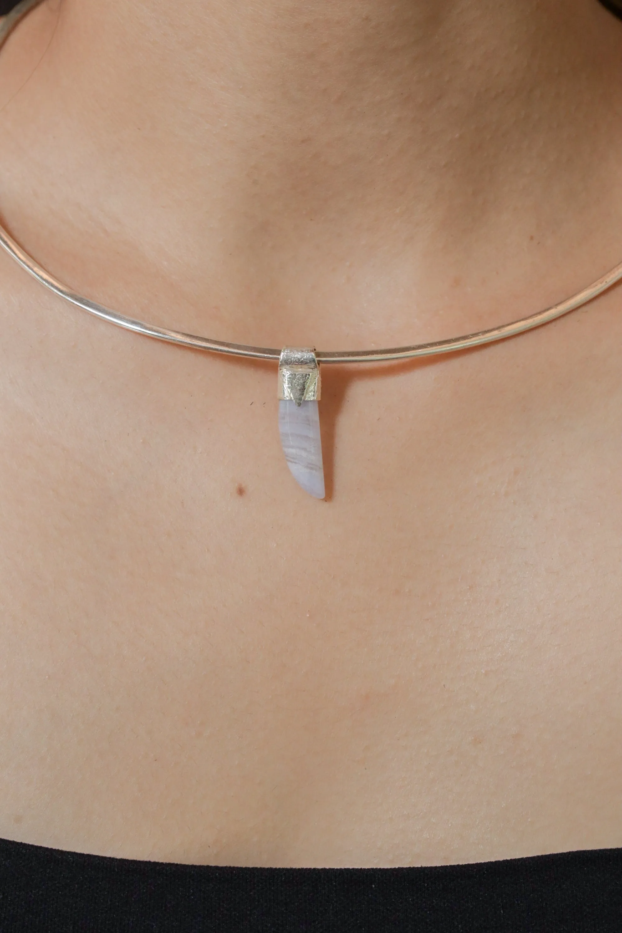 Australian Blue Lace Agate Tooth Cabochon Stack Pendant, Organic Textured Sterling Silver, Throat Chakra, Pisces, Calming, Unique Gift