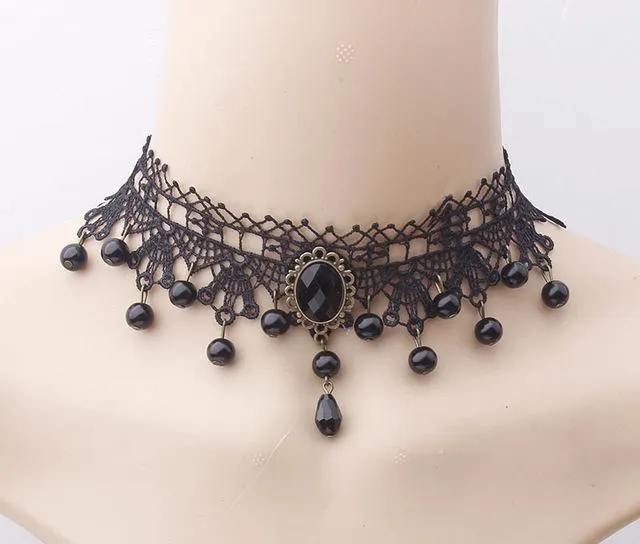 Black Gem Collars Charms Exaggerated Lace Women Necklace