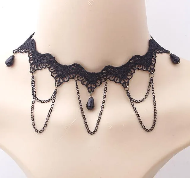 Black Gem Collars Charms Exaggerated Lace Women Necklace