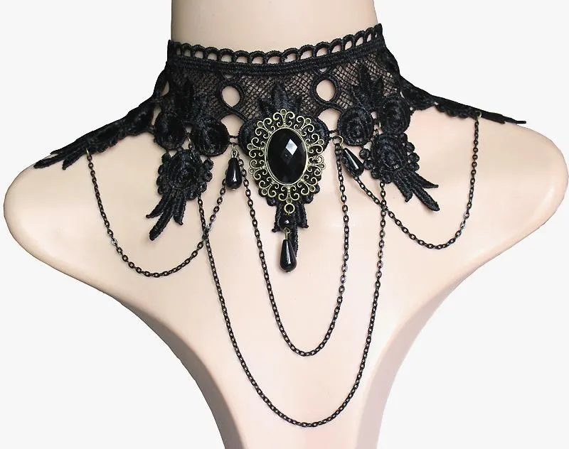 Black Gem Collars Charms Exaggerated Lace Women Necklace