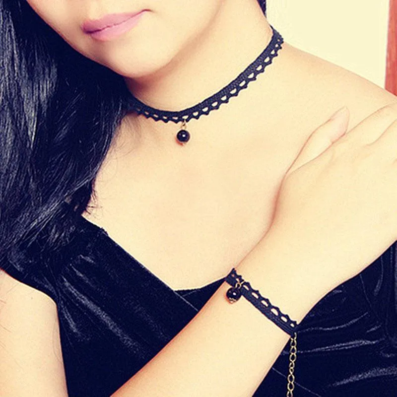 Black Imitation Pearls Lace Choker Necklace