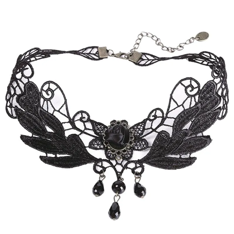 Black Lace Beads Choker Collar Pendant Necklace