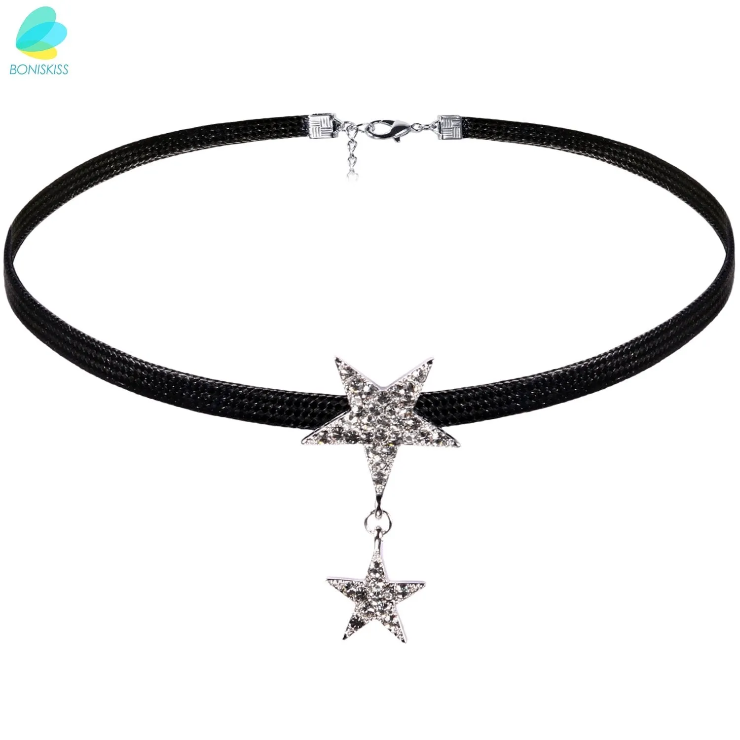 Black Leather Chocker Necklace With Crystal Accents David Stars