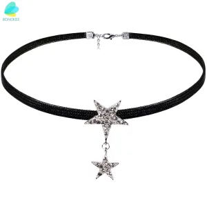 Black Leather Chocker Necklace With Crystal Accents David Stars