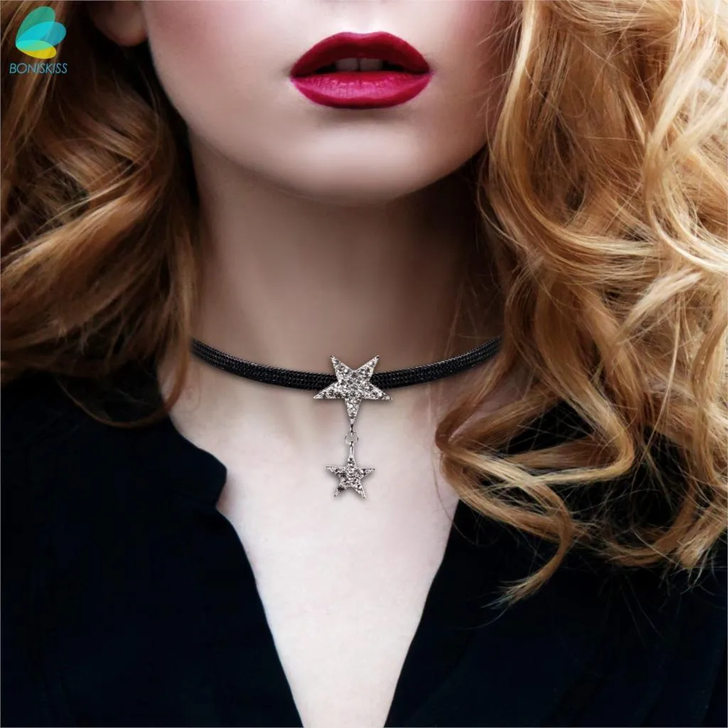 Black Leather Chocker Necklace With Crystal Accents David Stars