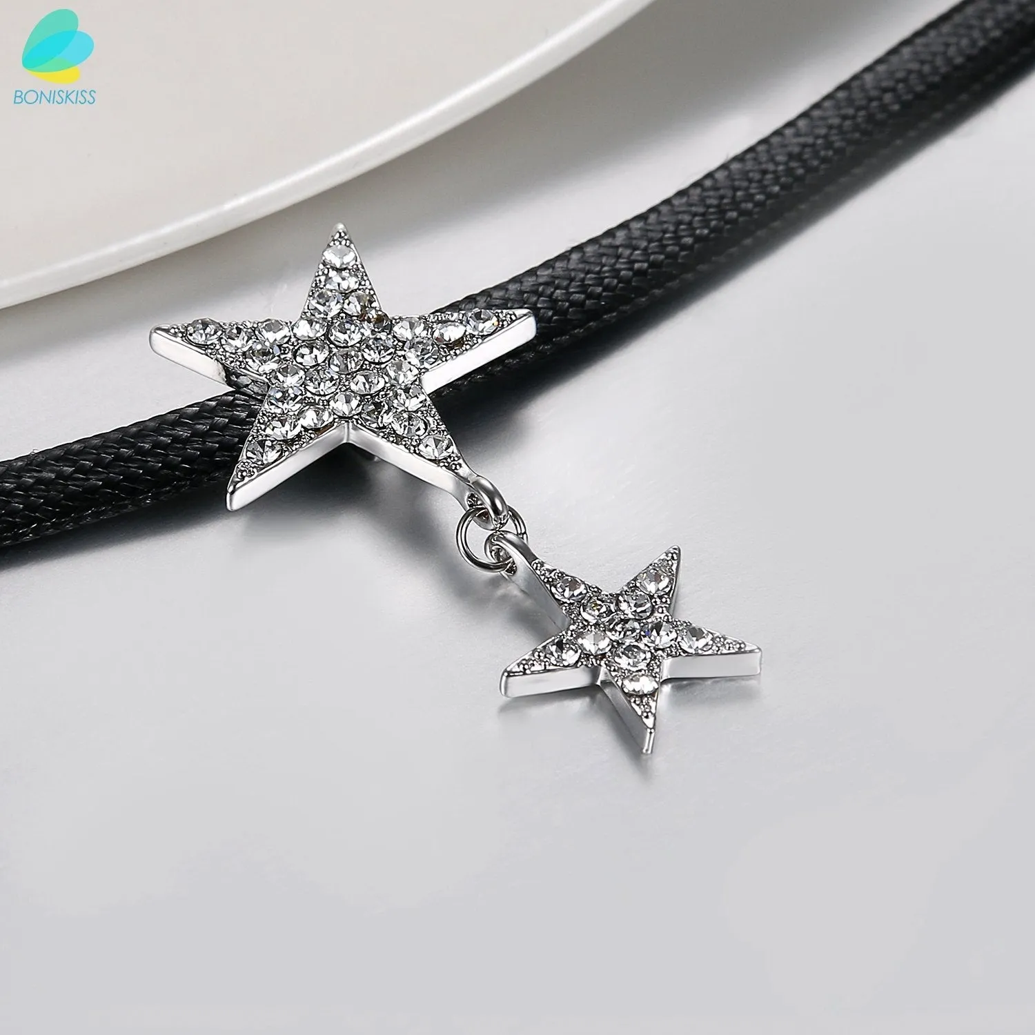 Black Leather Chocker Necklace With Crystal Accents David Stars
