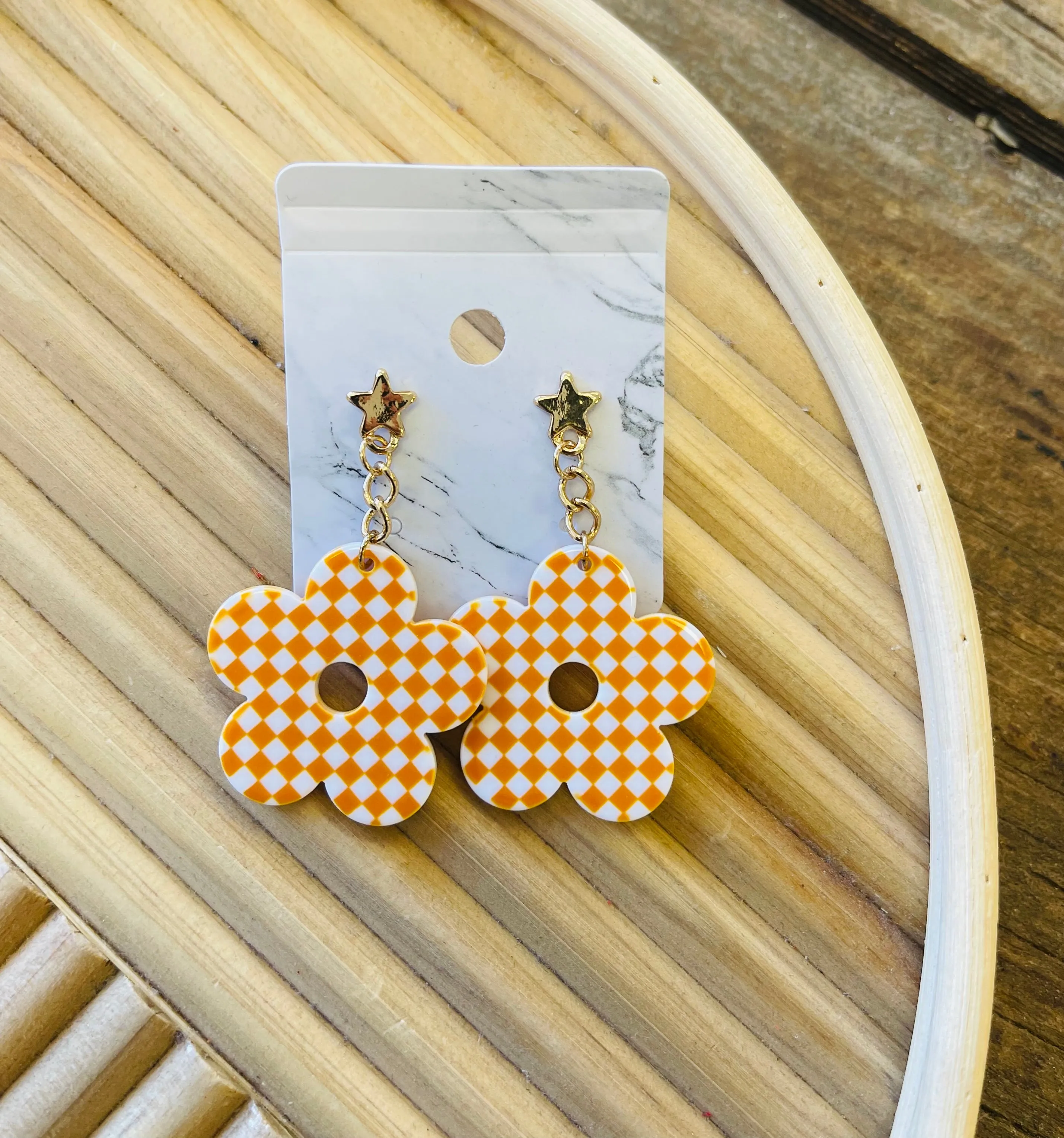 Checkered Flower Drop Earrings   3 Colors