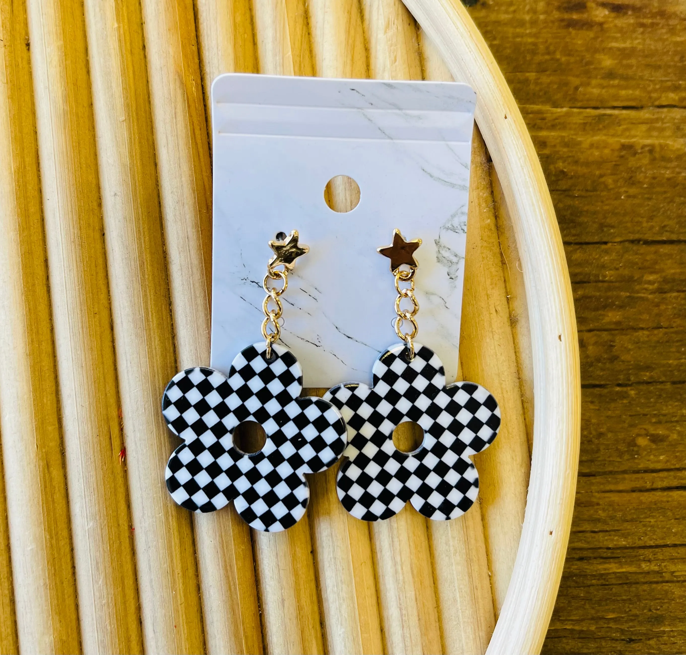 Checkered Flower Drop Earrings   3 Colors