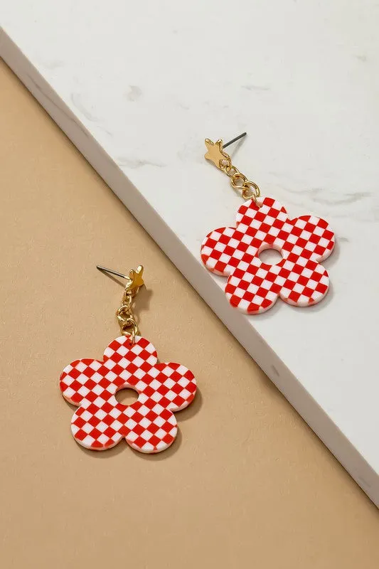 Checkered Flower Drop Earrings   3 Colors