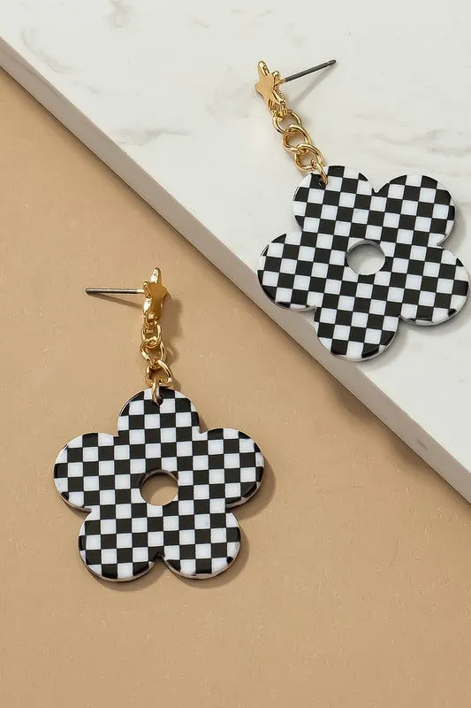 Checkered Flower Drop Earrings   3 Colors