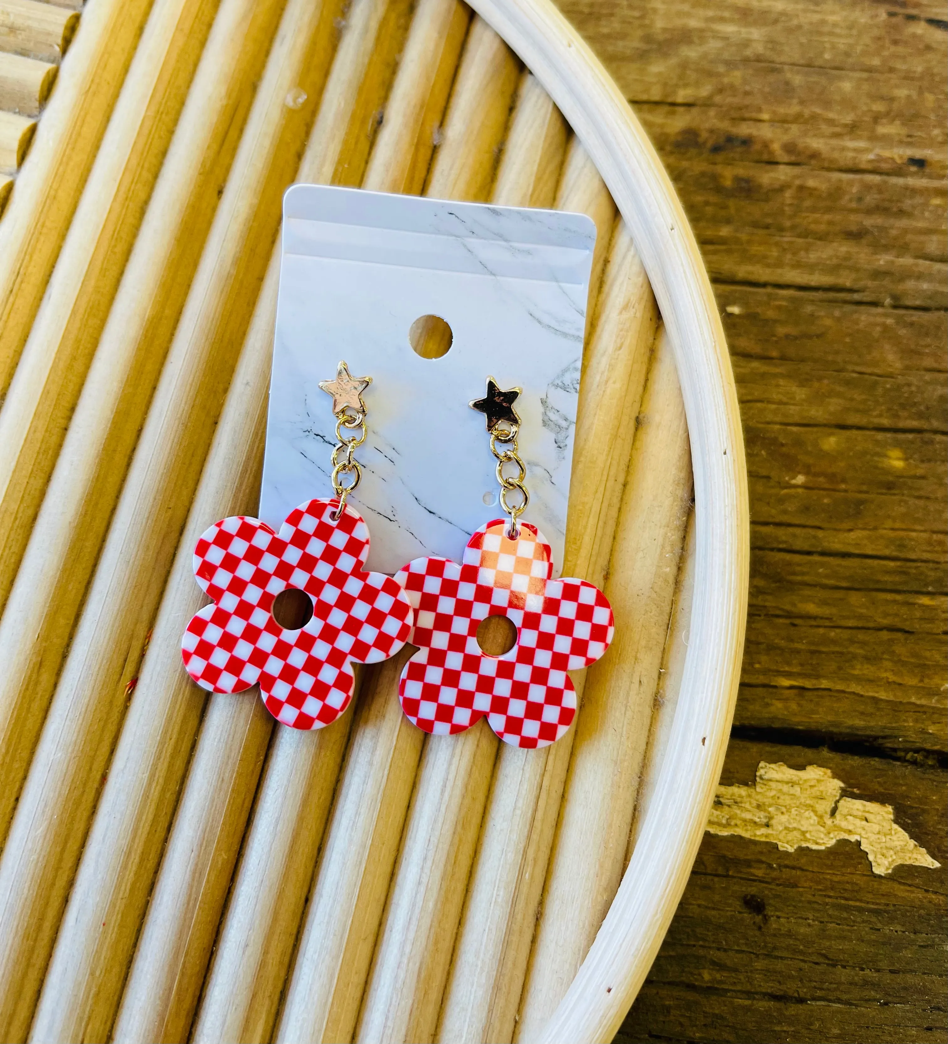 Checkered Flower Drop Earrings   3 Colors