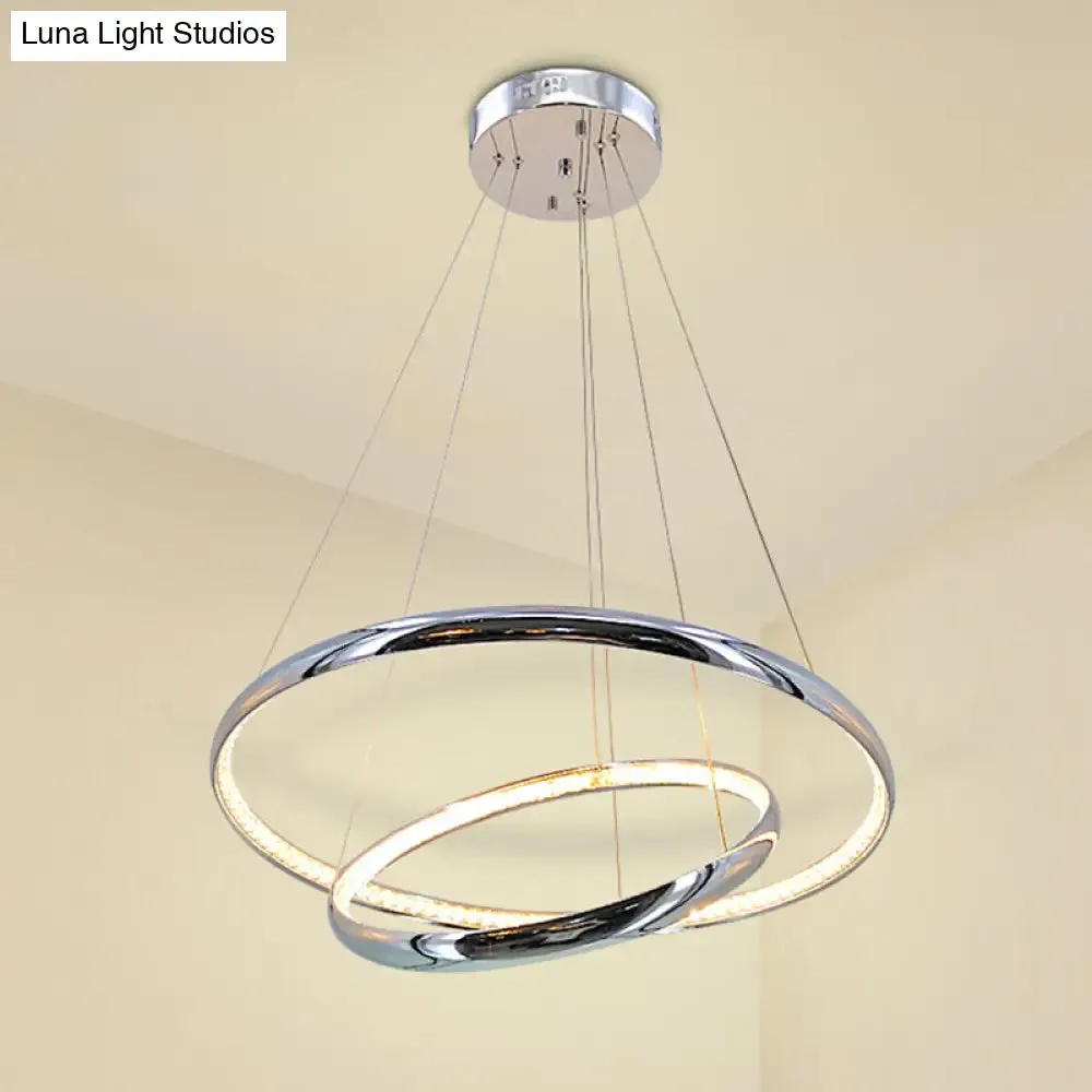 Crystal LED Minimalist Chrome Ring Chandelier for Warm/White Lighting in Living Room