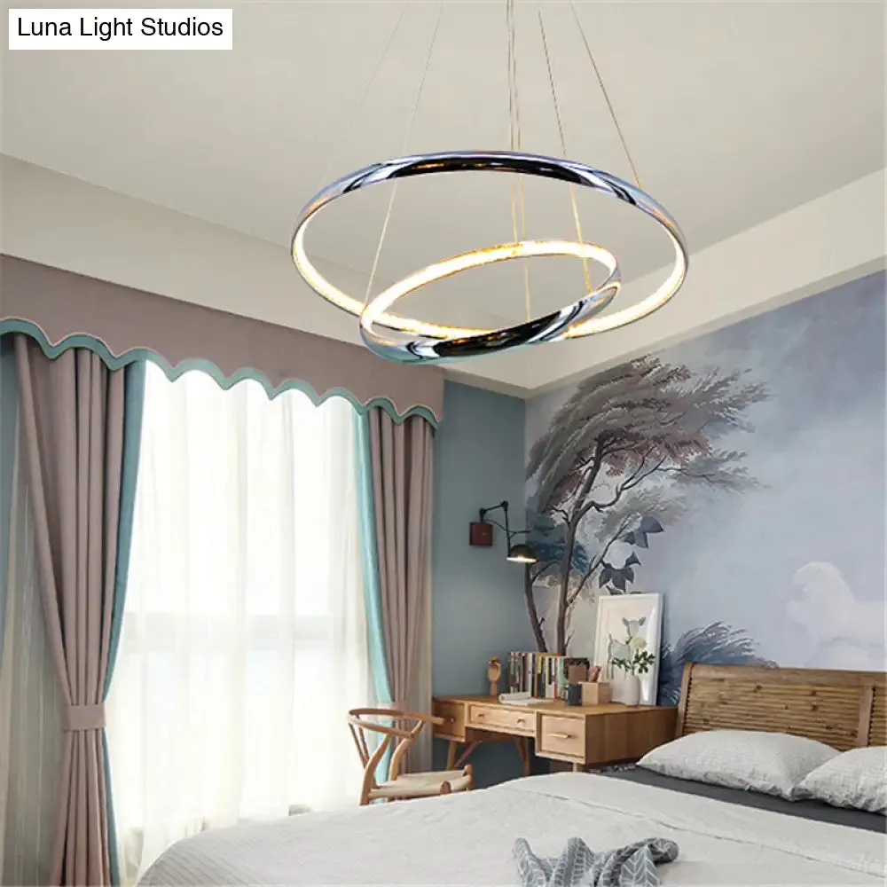 Crystal LED Minimalist Chrome Ring Chandelier for Warm/White Lighting in Living Room
