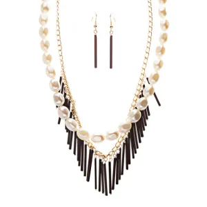 Elegance Fashion Faux Pearl Multi Layered Chain Necklace And Earrings JN262Black