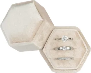Equal Hexagon Velvet Ring Box Storage 3 Slots for Wedding Ceremony Proposal Engagement Birthday (Beige)