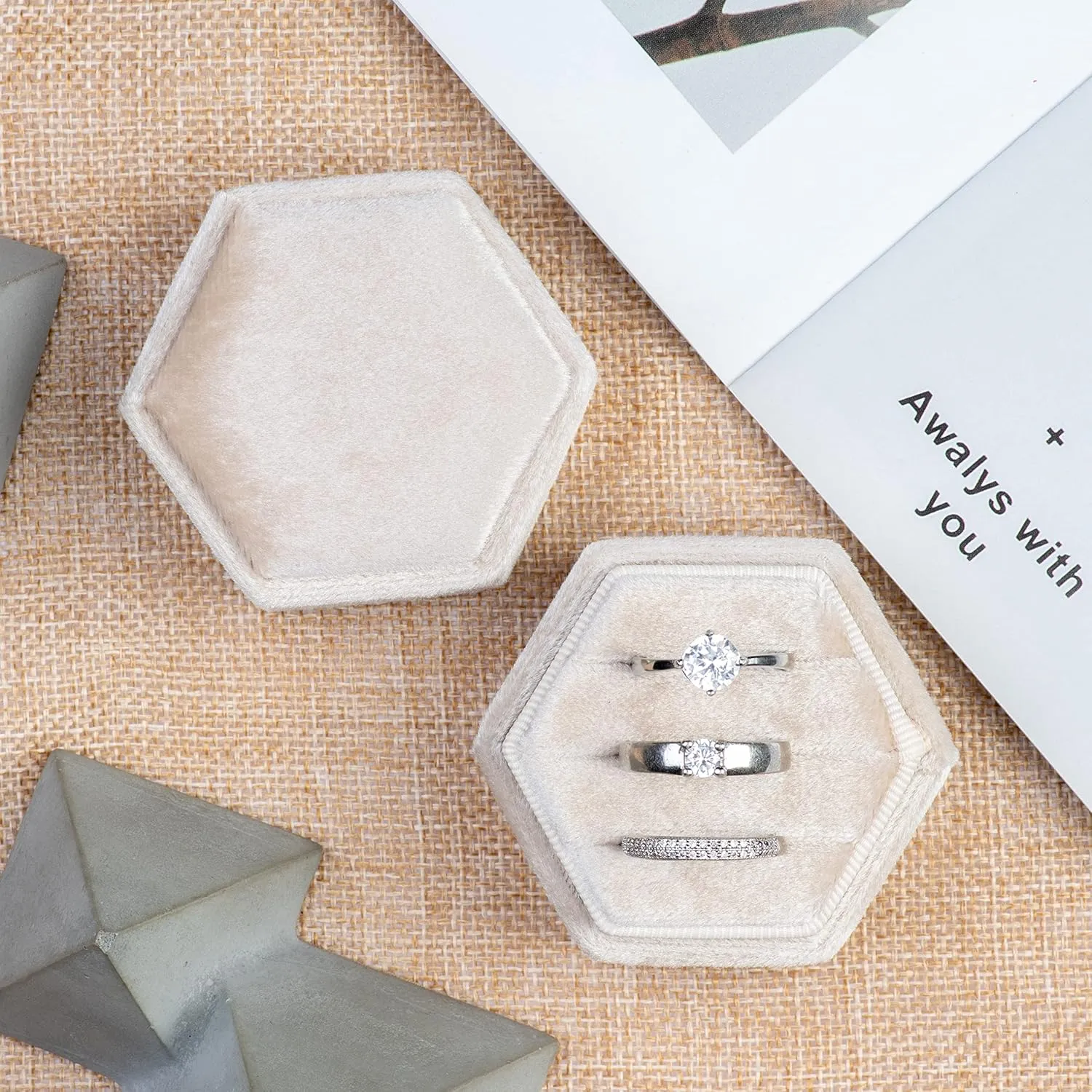Equal Hexagon Velvet Ring Box Storage 3 Slots for Wedding Ceremony Proposal Engagement Birthday (Beige)