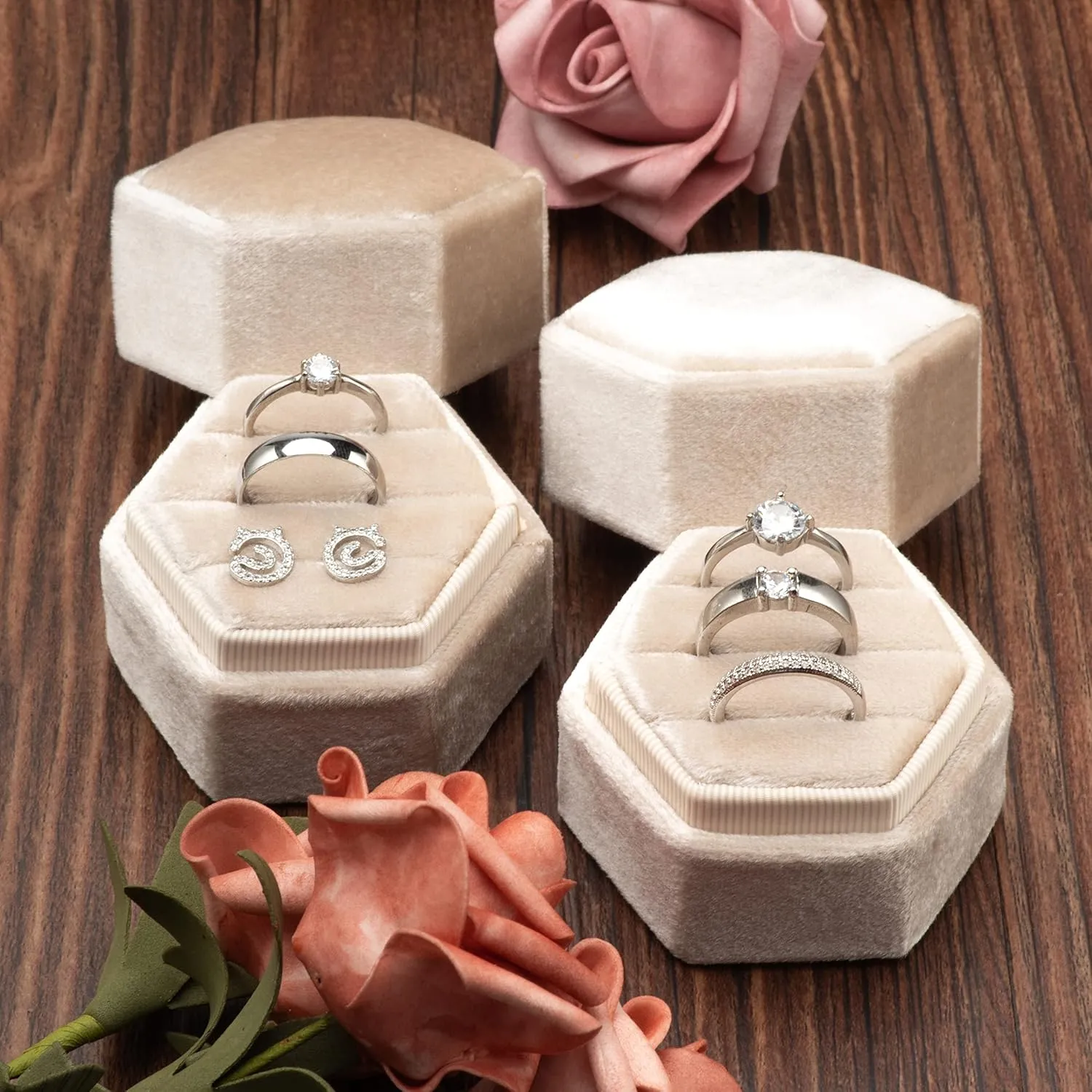 Equal Hexagon Velvet Ring Box Storage 3 Slots for Wedding Ceremony Proposal Engagement Birthday (Beige)