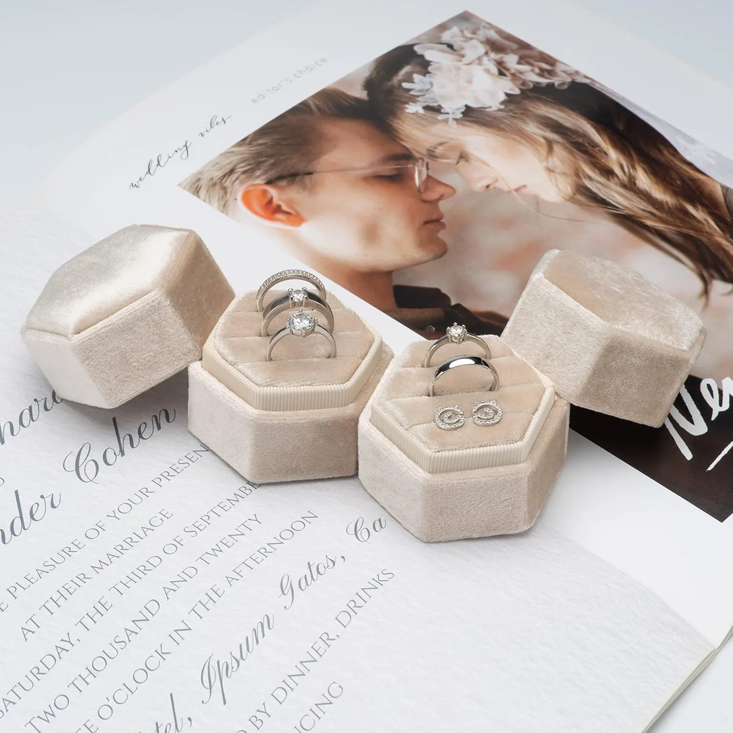 Equal Hexagon Velvet Ring Box Storage 3 Slots for Wedding Ceremony Proposal Engagement Birthday (Beige)