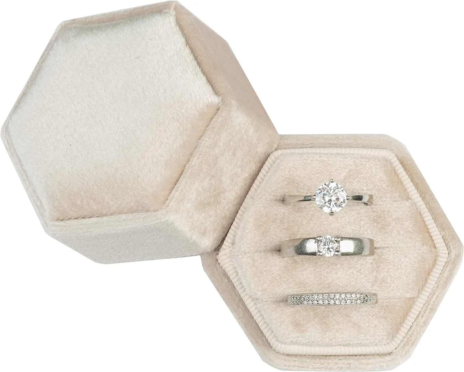 Equal Hexagon Velvet Ring Box Storage 3 Slots for Wedding Ceremony Proposal Engagement Birthday (Beige)