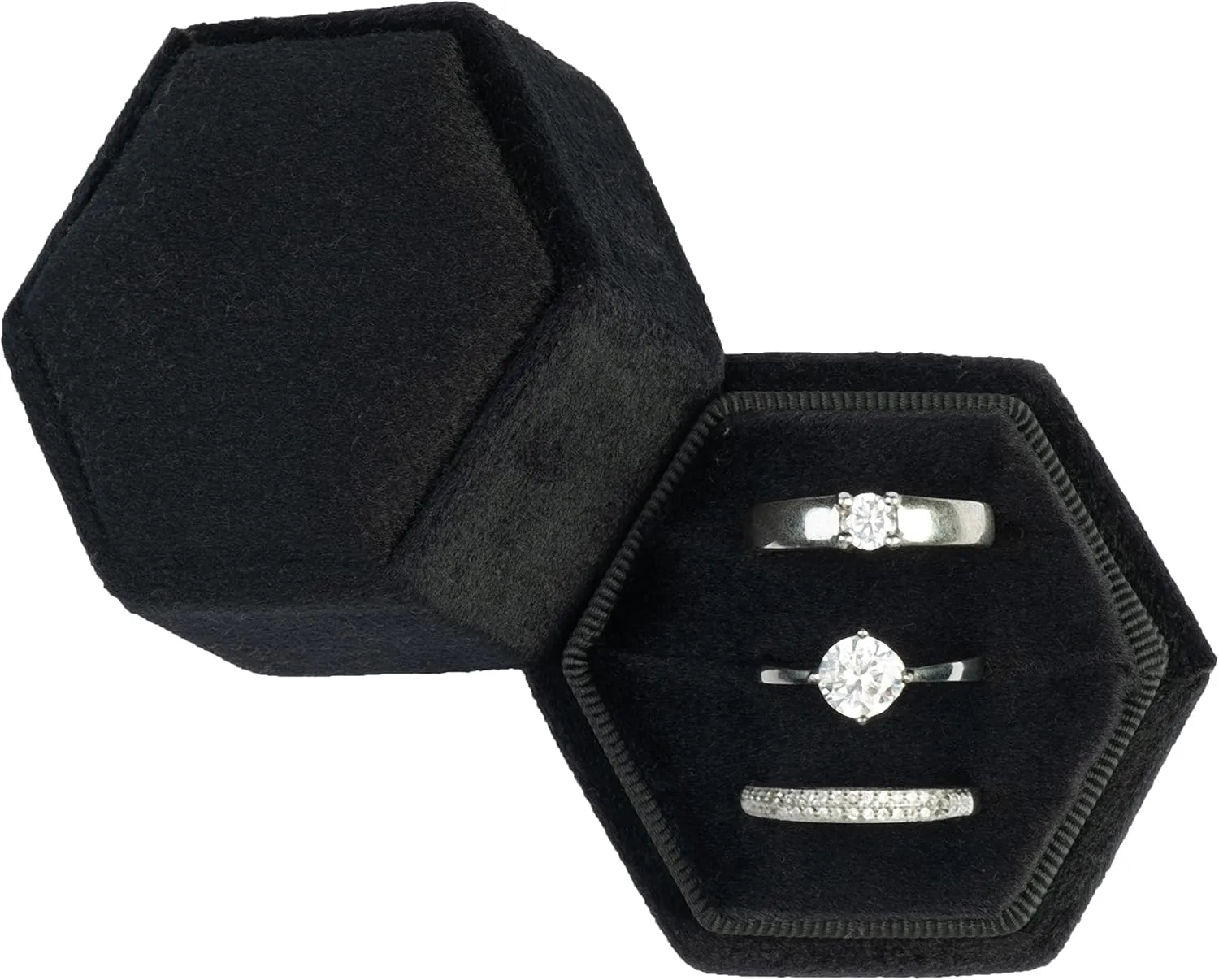 Equal Hexagon Velvet Ring Box Storage 3 Slots for Wedding Ceremony Proposal Engagement Birthday (Black)