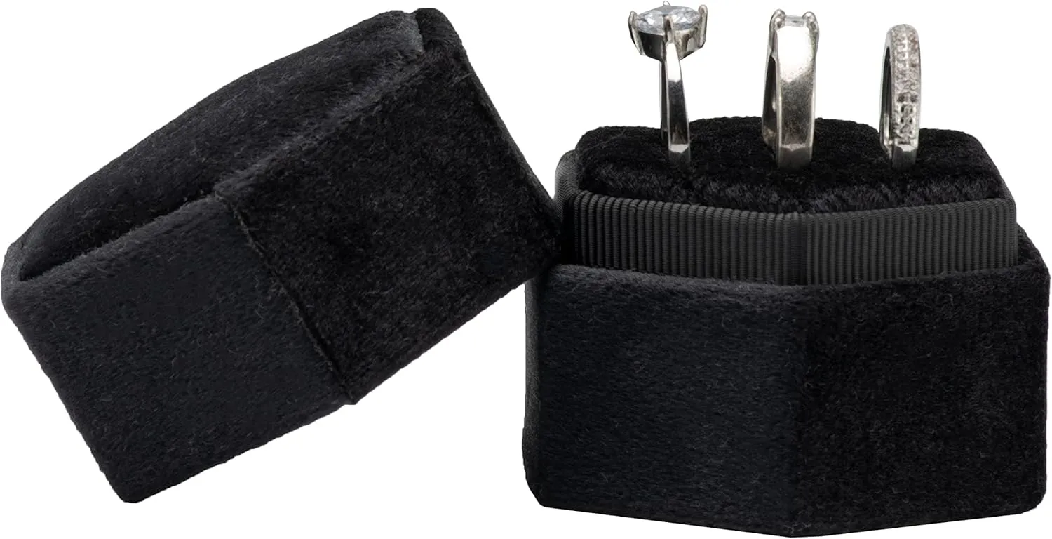 Equal Hexagon Velvet Ring Box Storage 3 Slots for Wedding Ceremony Proposal Engagement Birthday (Black)