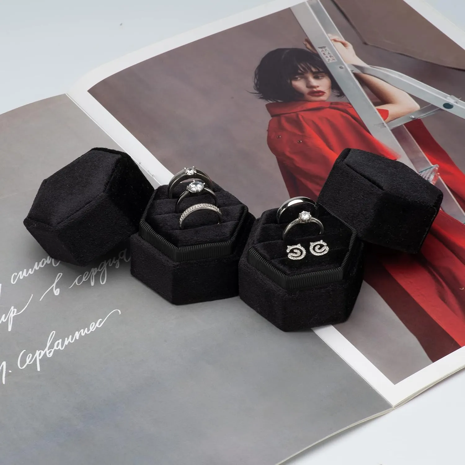Equal Hexagon Velvet Ring Box Storage 3 Slots for Wedding Ceremony Proposal Engagement Birthday (Black)