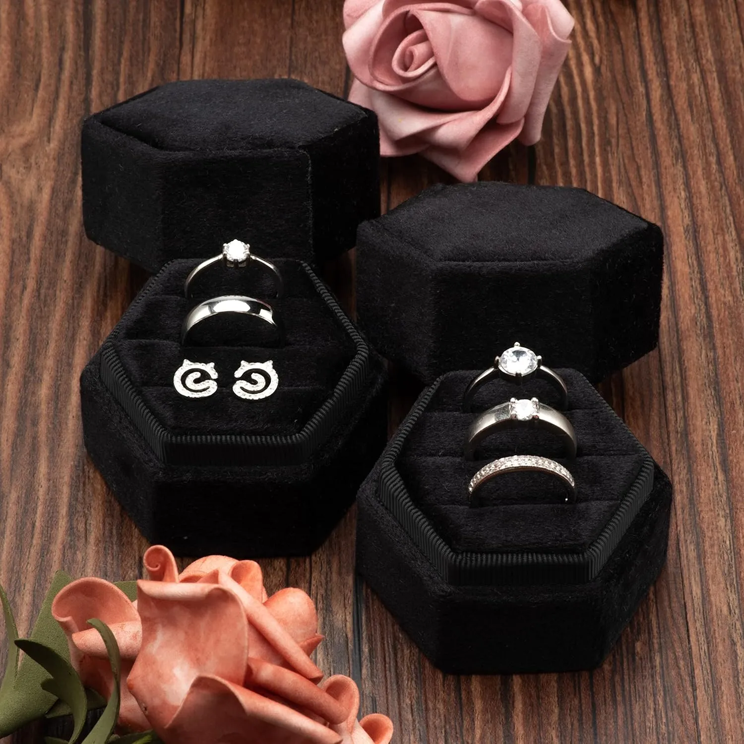 Equal Hexagon Velvet Ring Box Storage 3 Slots for Wedding Ceremony Proposal Engagement Birthday (Black)