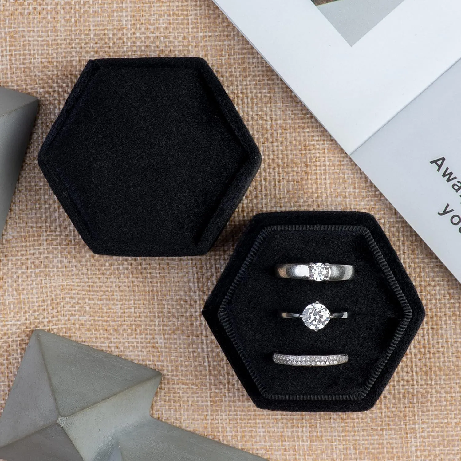 Equal Hexagon Velvet Ring Box Storage 3 Slots for Wedding Ceremony Proposal Engagement Birthday (Black)