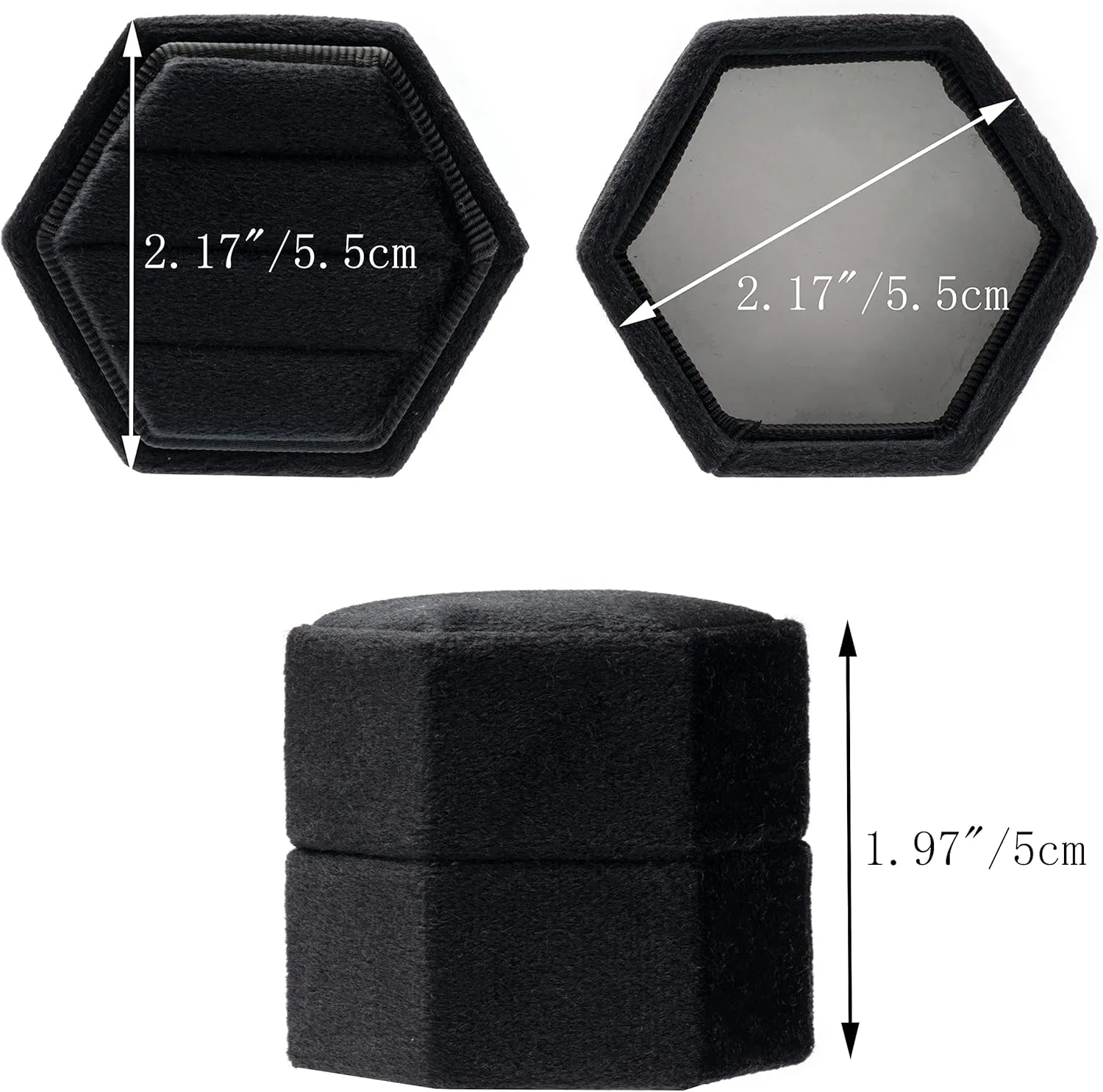 Equal Hexagon Velvet Ring Box Storage 3 Slots for Wedding Ceremony Proposal Engagement Birthday (Black)