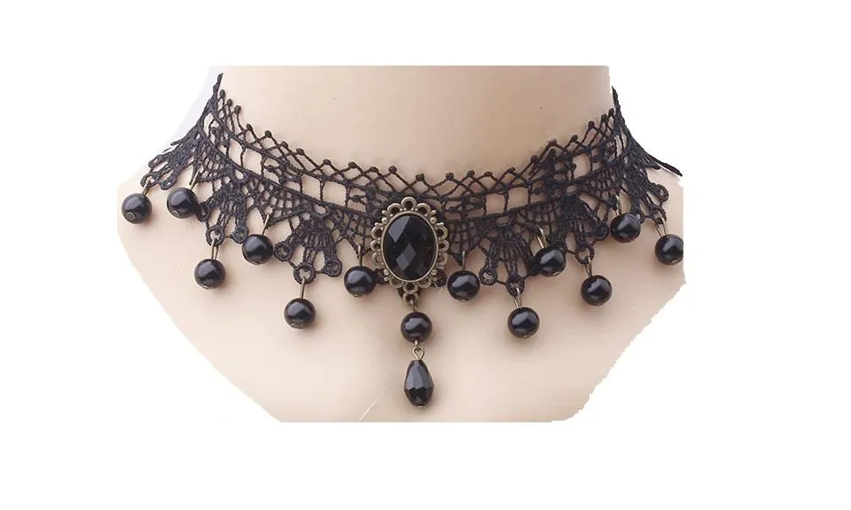 Halloween Party Exaggerated Black Gem Lace Necklace For Women