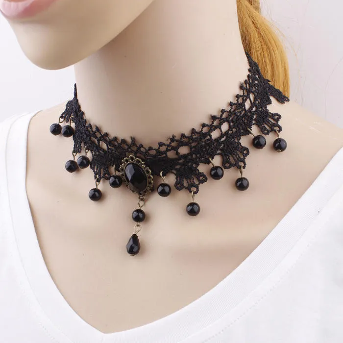 Halloween Party Exaggerated Black Gem Lace Necklace For Women