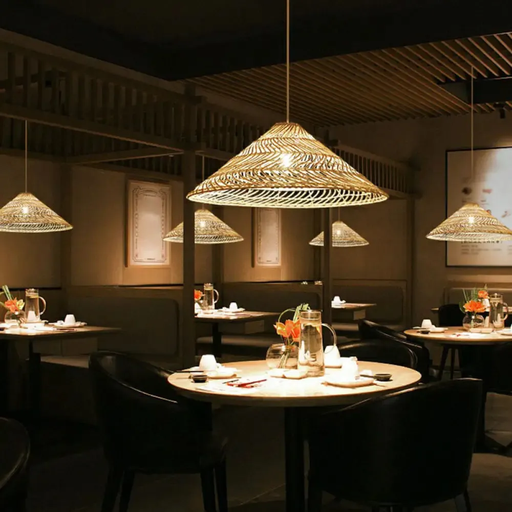 Handcrafted Minimalist Rattan Pendant Ceiling Light - Wood Suspension Lighting for Restaurants