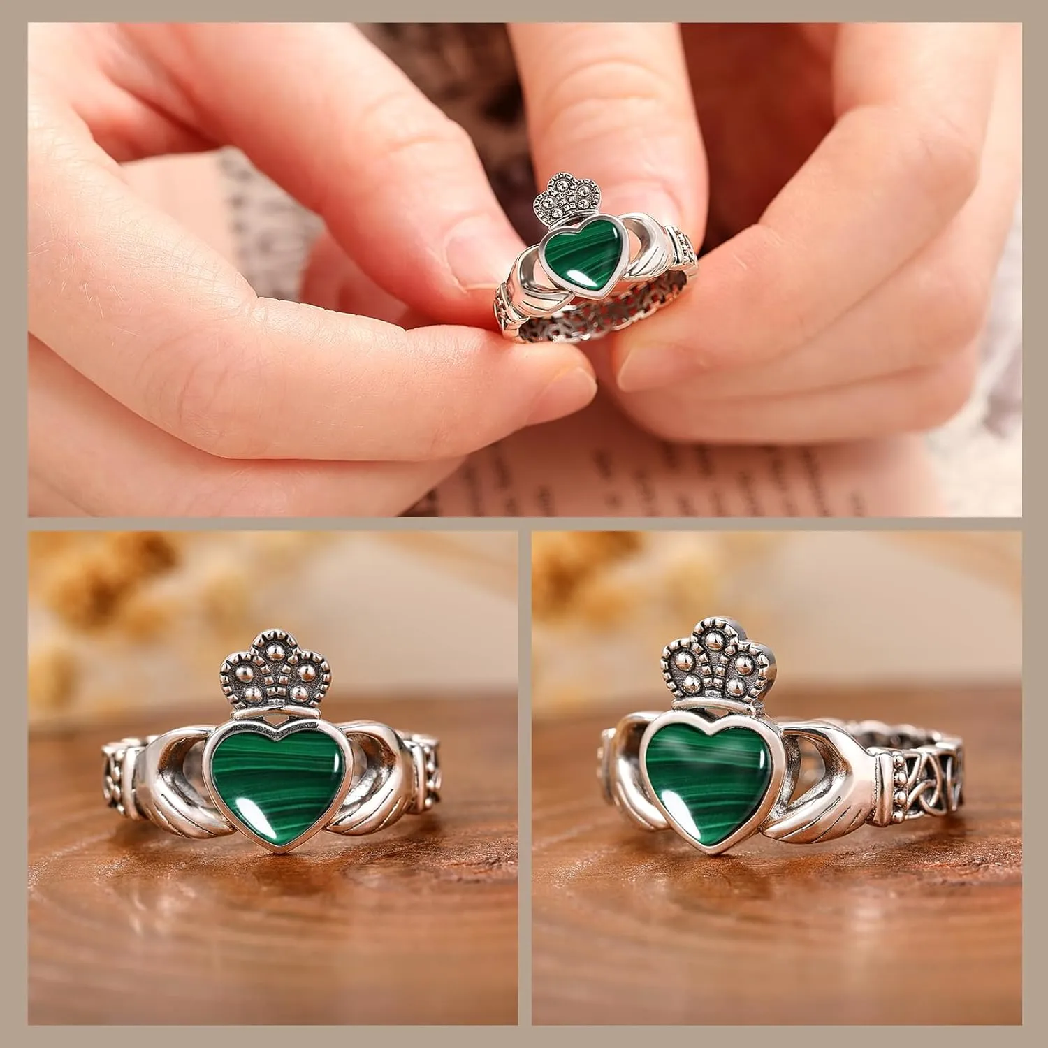 Heart Turquoise/Malachite/Black Onyx Claddagh Rings 925 Sterling Silver Celtic Knot Ring Turquoise Rings for Women Engagement Ring Irish Jewelry Gifts Size 6-9