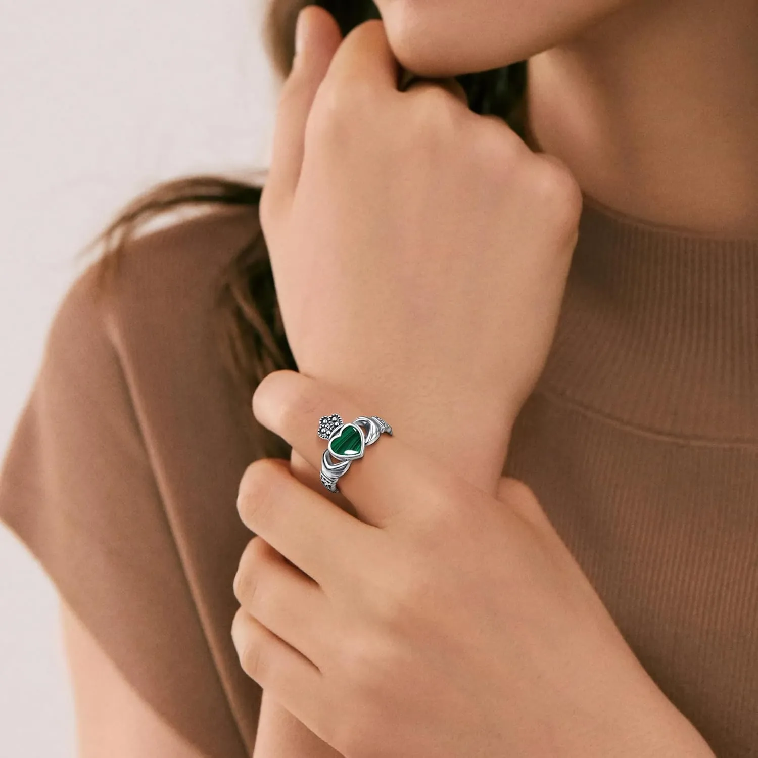 Heart Turquoise/Malachite/Black Onyx Claddagh Rings 925 Sterling Silver Celtic Knot Ring Turquoise Rings for Women Engagement Ring Irish Jewelry Gifts Size 6-9