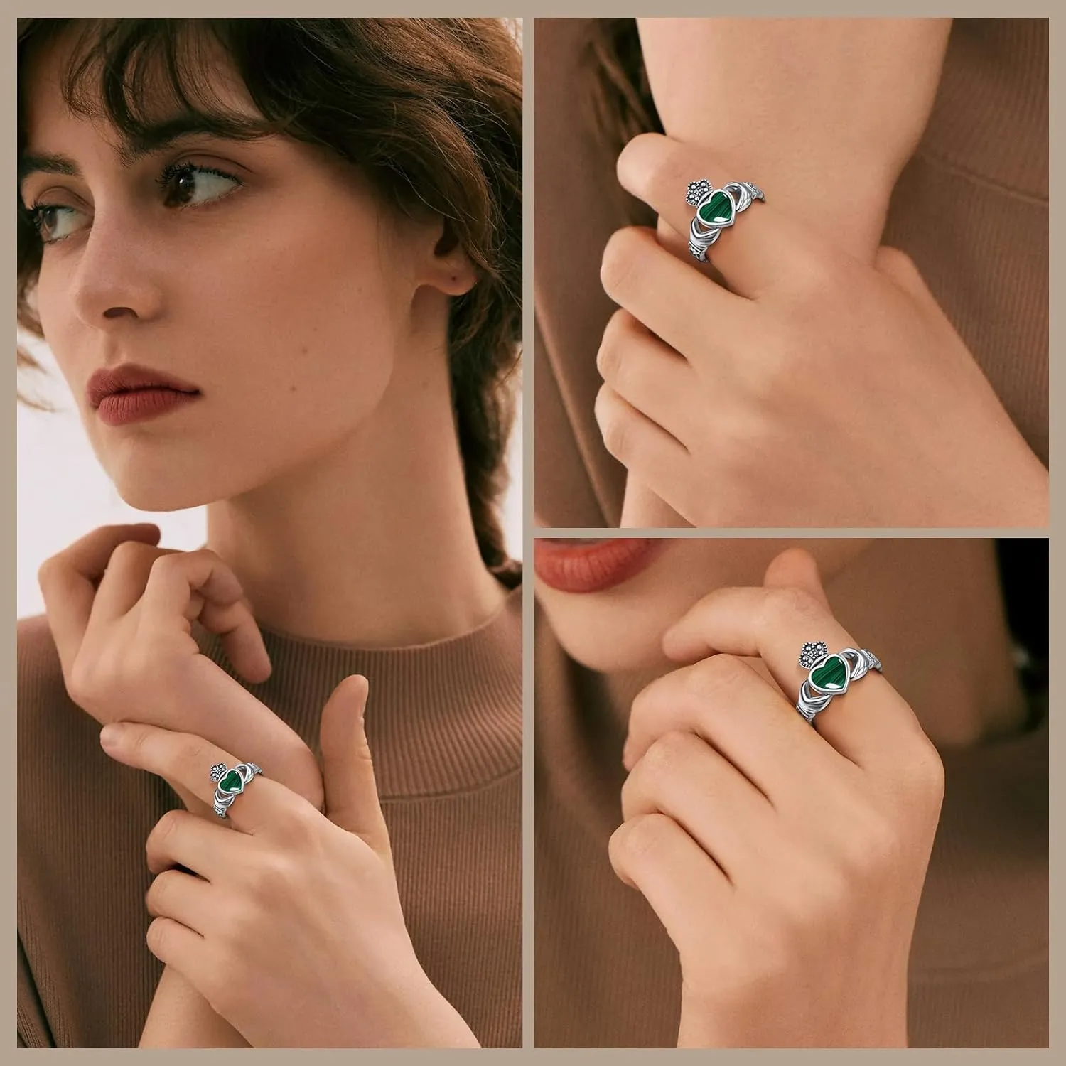 Heart Turquoise/Malachite/Black Onyx Claddagh Rings 925 Sterling Silver Celtic Knot Ring Turquoise Rings for Women Engagement Ring Irish Jewelry Gifts Size 6-9