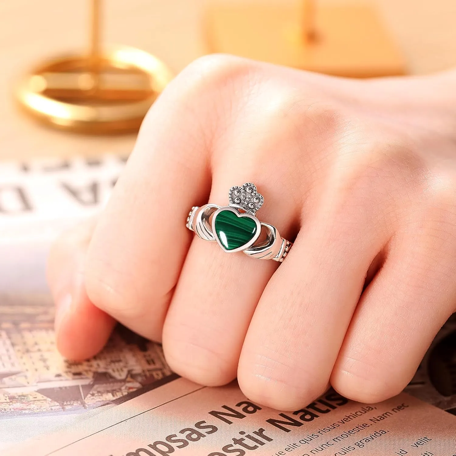 Heart Turquoise/Malachite/Black Onyx Claddagh Rings 925 Sterling Silver Celtic Knot Ring Turquoise Rings for Women Engagement Ring Irish Jewelry Gifts Size 6-9