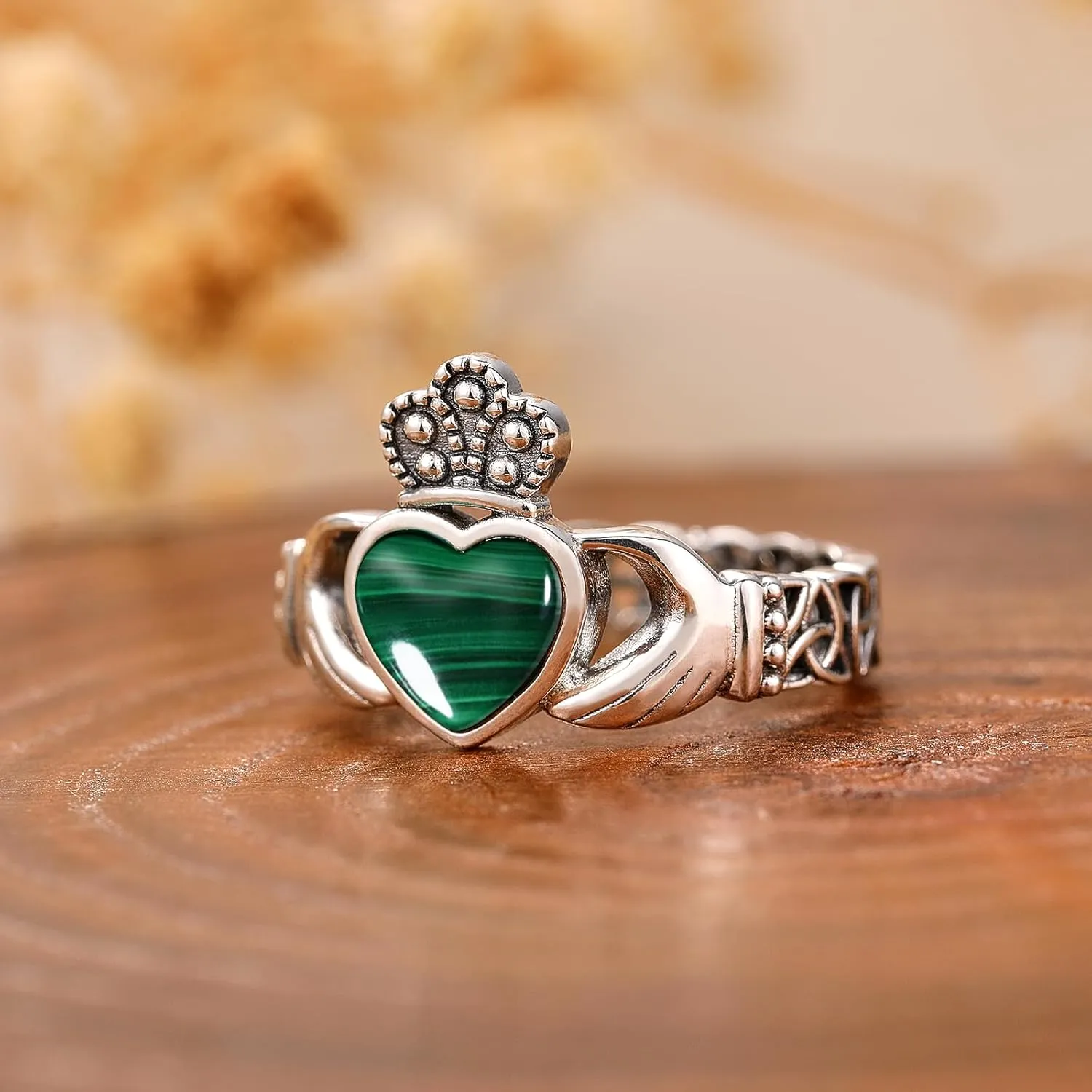 Heart Turquoise/Malachite/Black Onyx Claddagh Rings 925 Sterling Silver Celtic Knot Ring Turquoise Rings for Women Engagement Ring Irish Jewelry Gifts Size 6-9