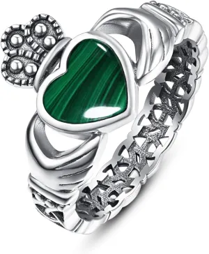 Heart Turquoise/Malachite/Black Onyx Claddagh Rings 925 Sterling Silver Celtic Knot Ring Turquoise Rings for Women Engagement Ring Irish Jewelry Gifts Size 6-9