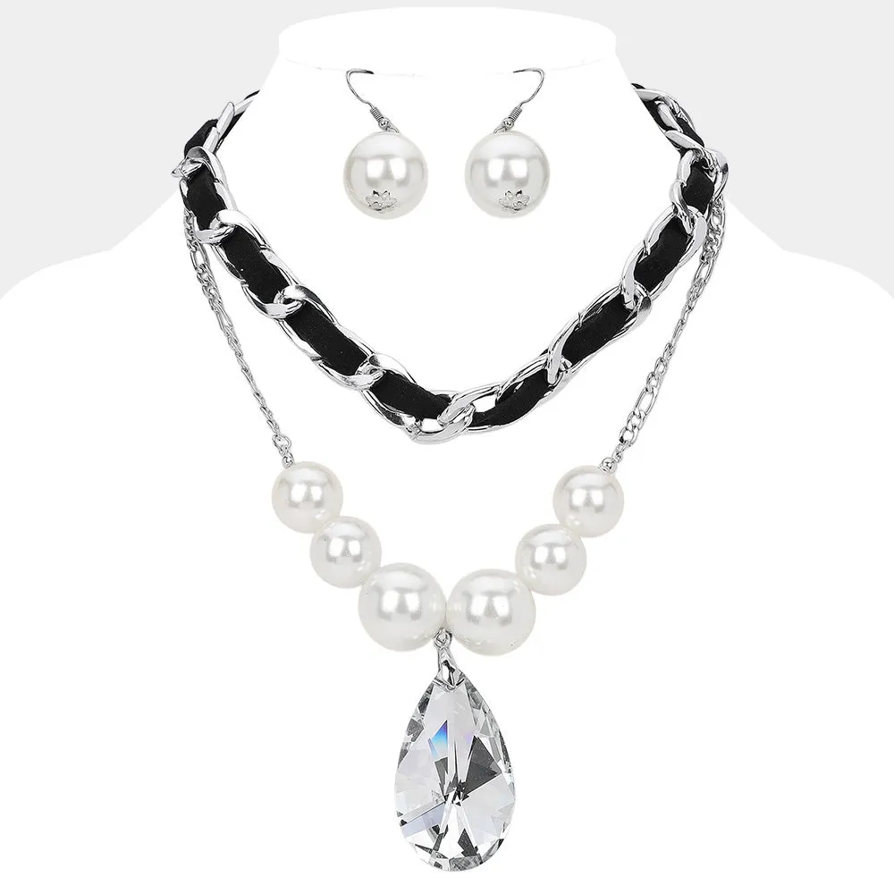 iLLASPARKZ 2PCS - Faux Leather Beaded Chain Pearl Teardrop Stone Pendant Necklace Layered Statement Necklace