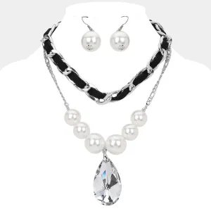 iLLASPARKZ 2PCS - Faux Leather Beaded Chain Pearl Teardrop Stone Pendant Necklace Layered Statement Necklace